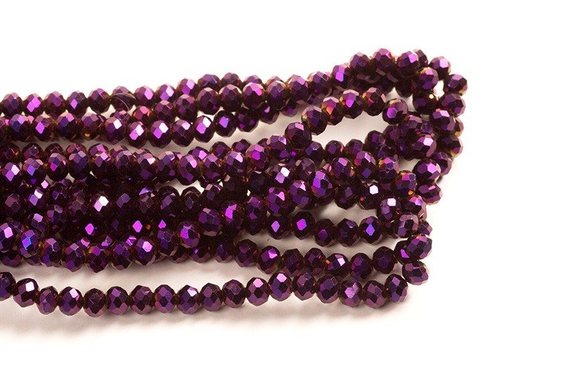 Glasperle, rondel, facet, lilla, 3x2 mm, 1 streng