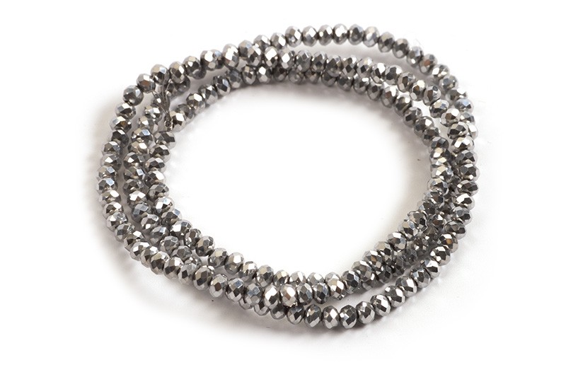 Glasperle, rondel, facet, sølv, 3x2 mm, 1 streng