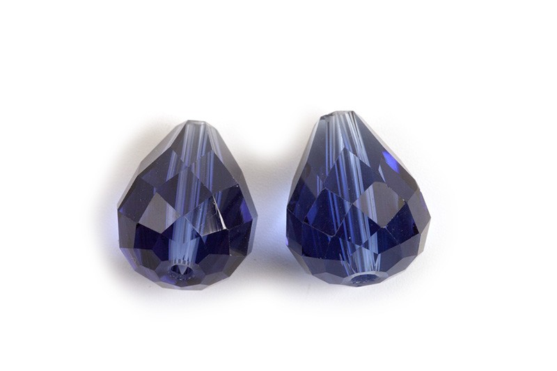 Glasperle, dråbe, facet, 10x12 mm, blå, 2 stk.