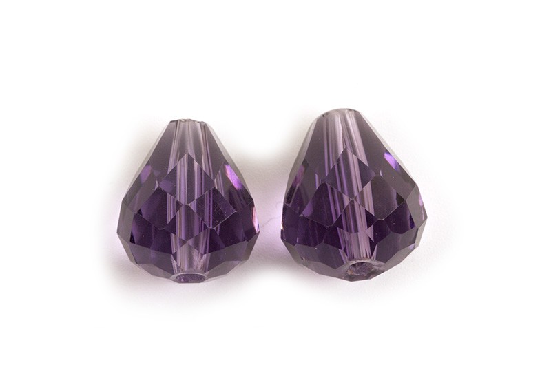 Glasperle, dråbe, facet, 10x12 mm, lilla, 2 stk.