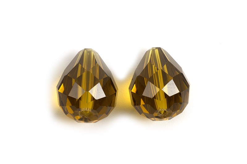 Glasperle, dråbe, facet, 10x12 mm, olivengrøn, 2 stk.