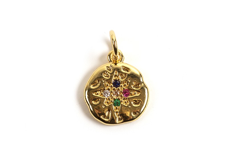 Vedhæng, mønt m/farvede zirkonia, ca. 13x11x1,5 mm, FG, 1 stk.
