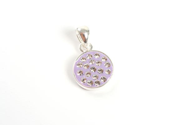Vedhæng, lilla m/krystaller, rund, flad, forsølvet, 12x10 mm,
