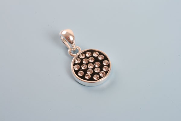 Vedhæng m/ krystaller, sort, rund, flad, forsølvet, 12x10 mm,