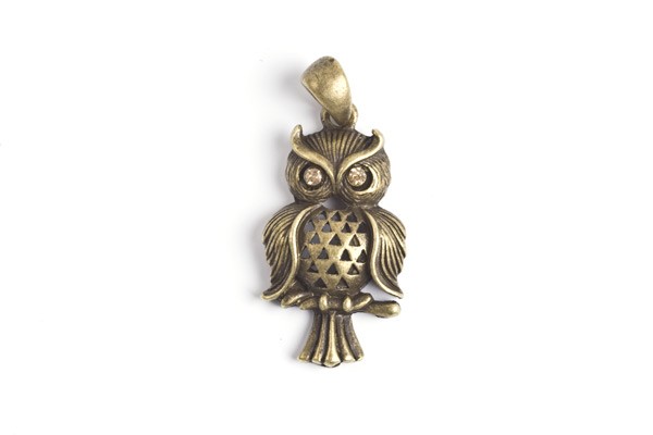 Ugle m/rhinsten, antikguld, 36x17 mm, 1 stk.