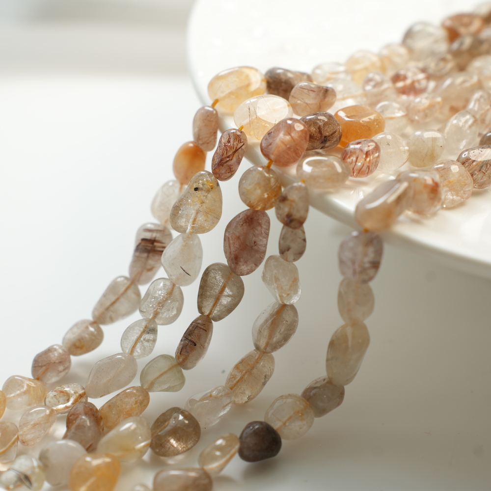 Naturlige krystalperler，8-15mm/40cm，Hel Streng - Ravfarvet