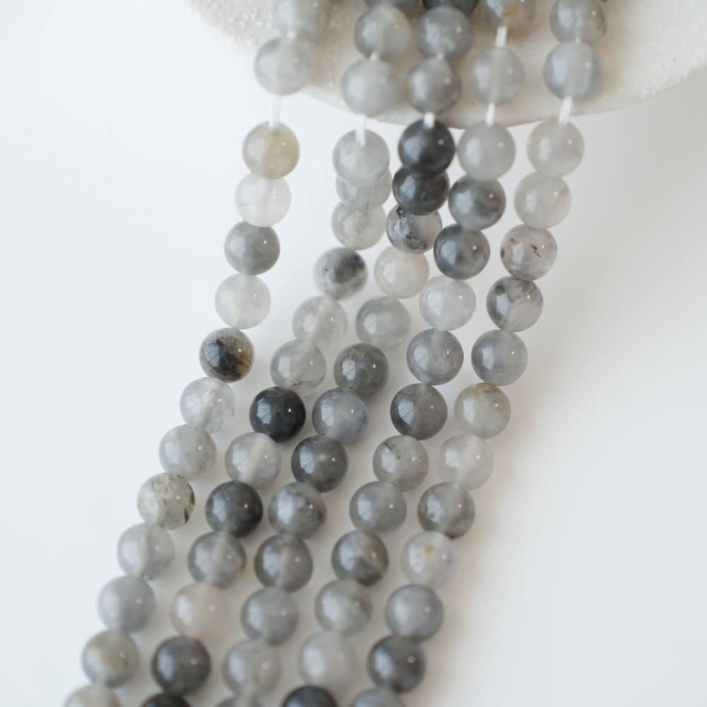 Røgkvarts，8mm rund/38cm,hel streng