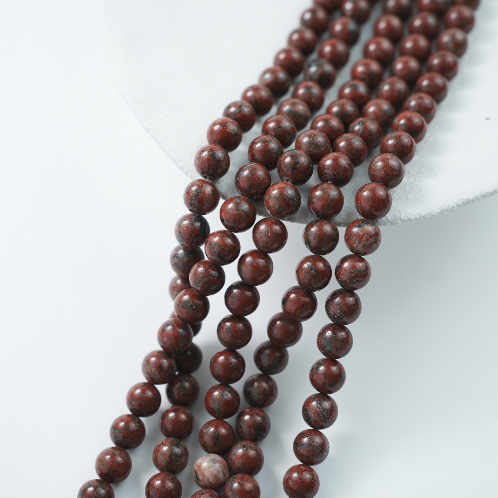 Sesamrød Jasper，10mm rund，hel streng 37cm