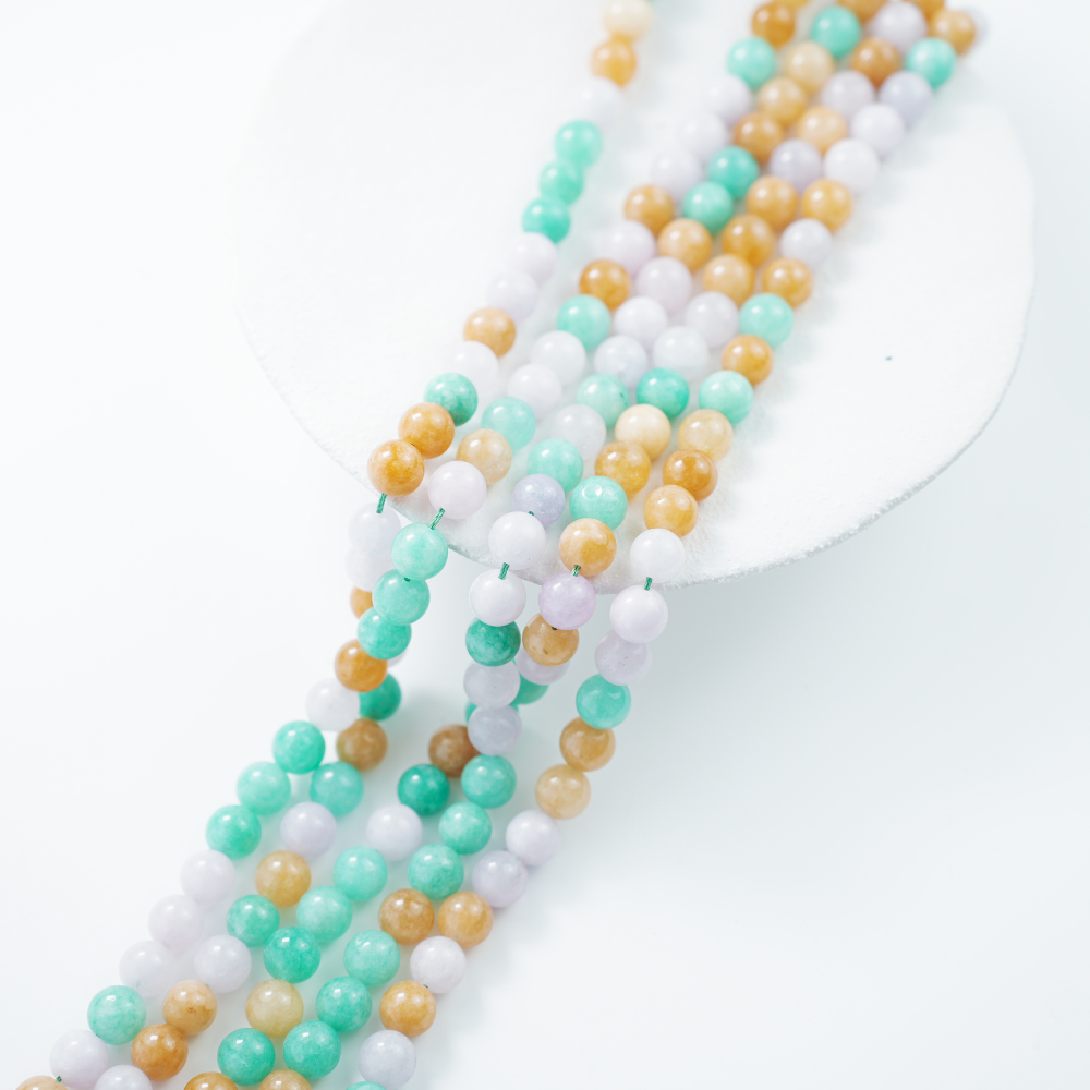 Trefarvet Jade，10mm rund，hel streng 37cm