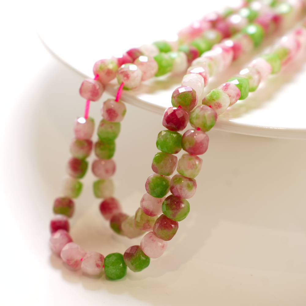 Turmali‌，8mm Facetterede Terning, Hel Streng - Watermelon